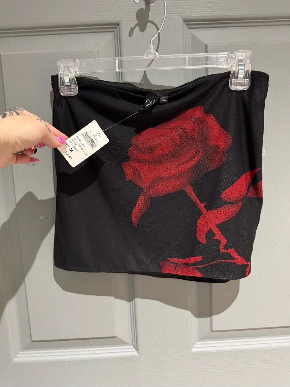 Black Two-Piece Set with Red Rose Print